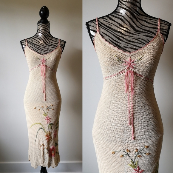Vintage Dresses & Skirts - Vintage crocheted and embroidered knit midi dress